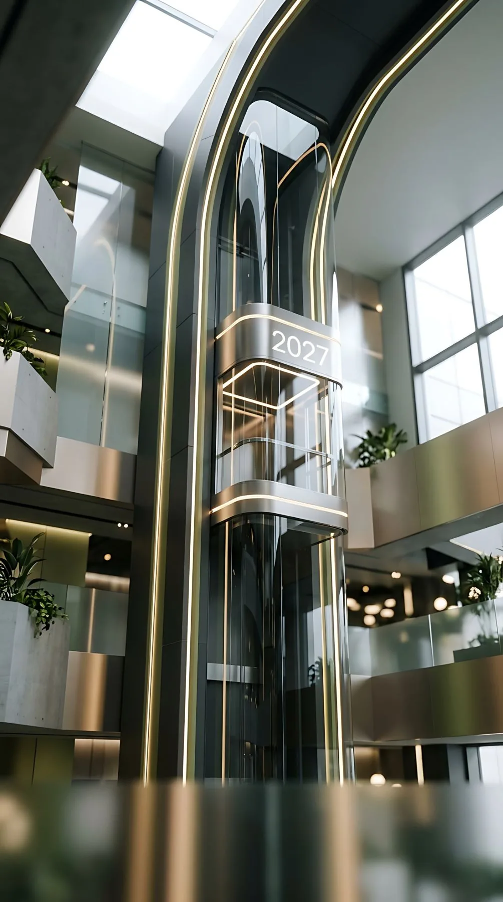 Glass lift with illuminated frame in a commercial atrium