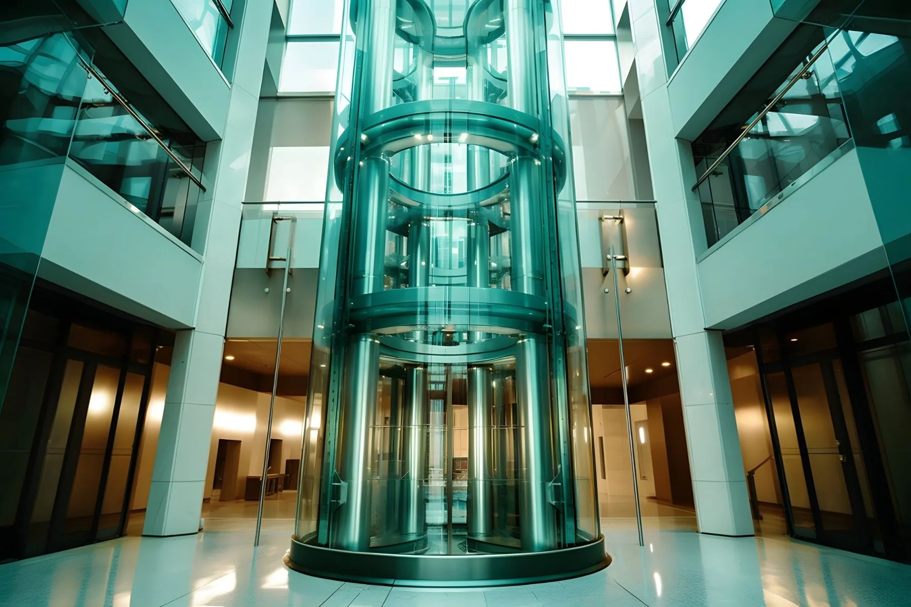 Cylindrical glass panoramic lift in a commercial atrium