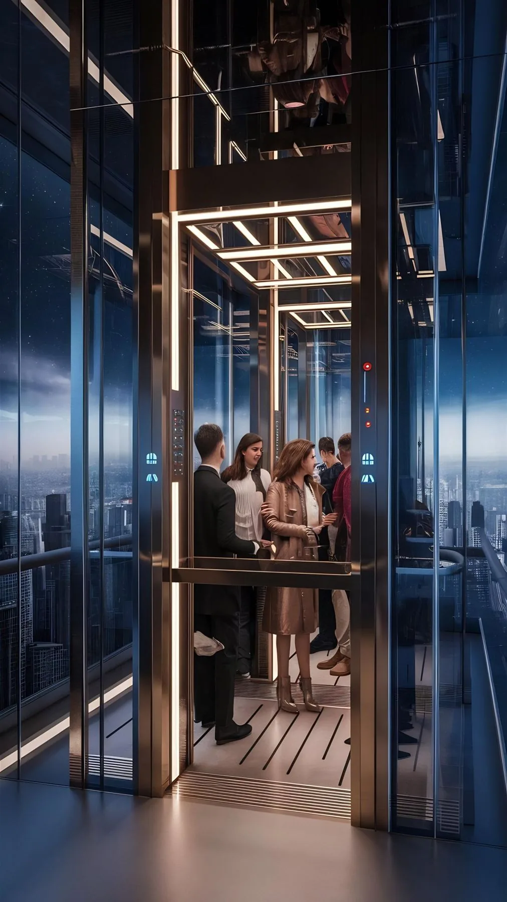Passengers inside a panoramic high-rise lift at night